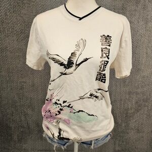 Original Gravity Japanese Crane Pagoda Graphic Tee White V-Neck Cotton Medium